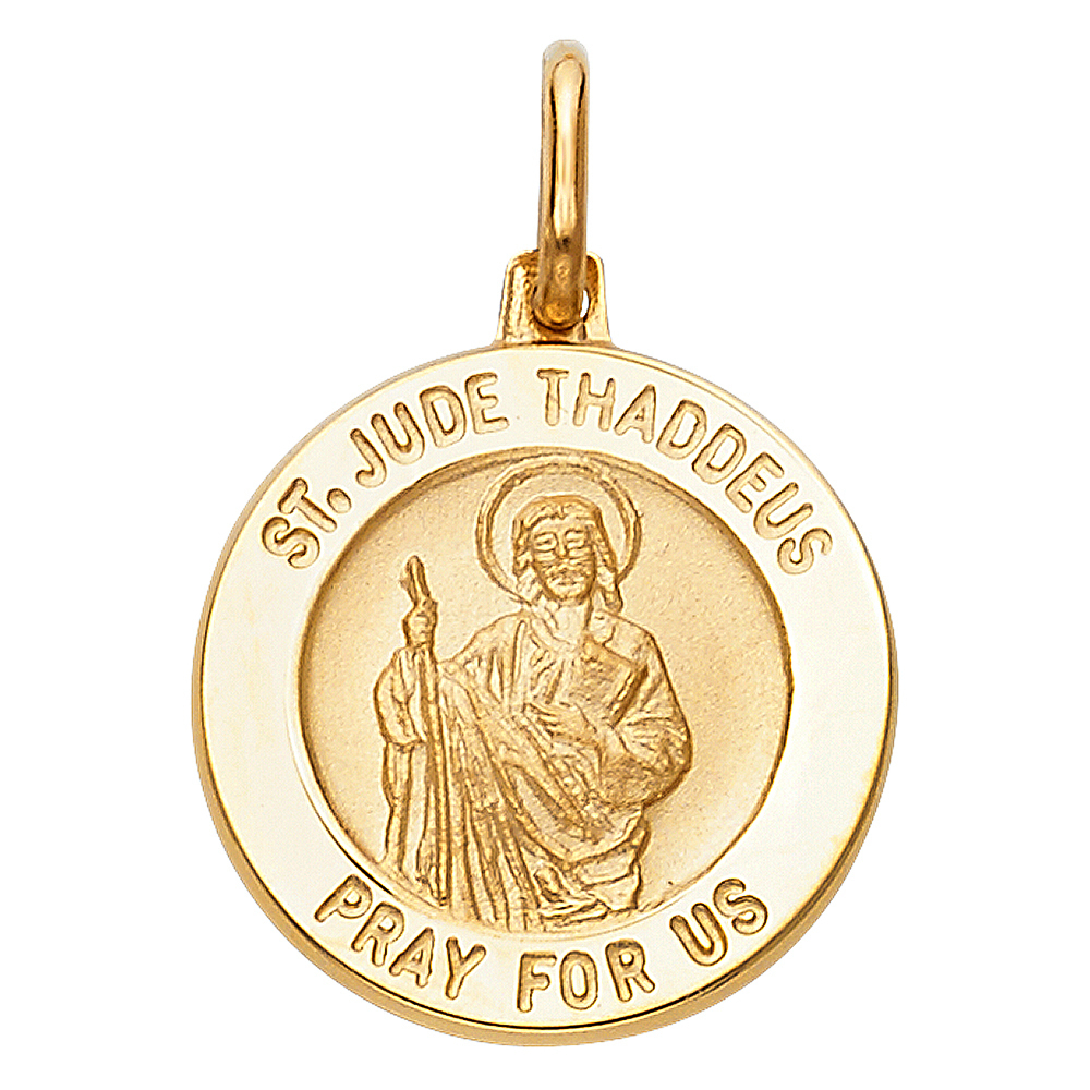 14K Yellow Gold Small St. Jude Round Medal Charm Pendant (18 Mm )